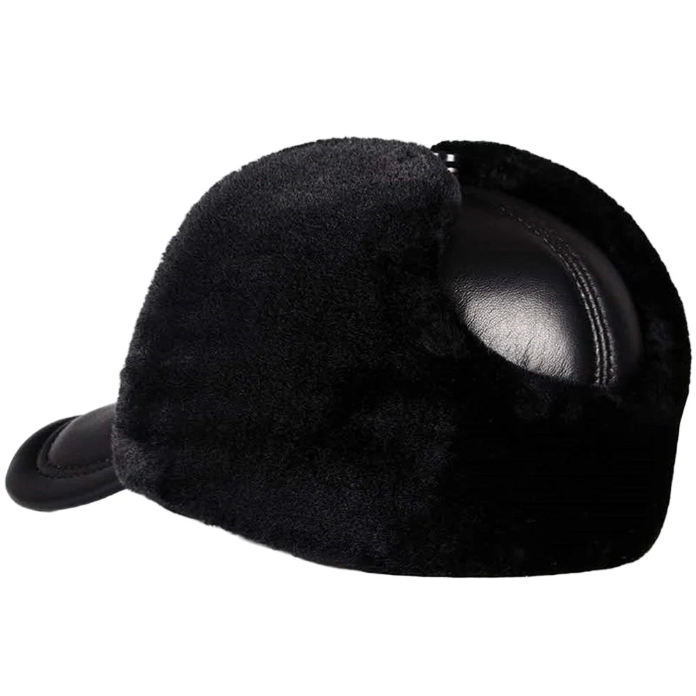 Davison Black Genuine Leather Trapper Bomber Hat