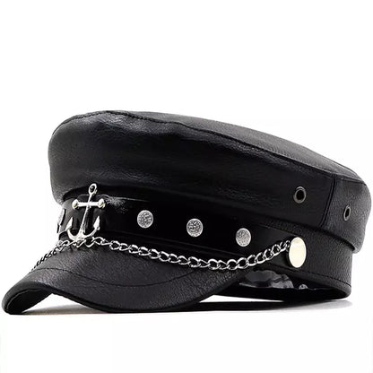 Anchor Black Leather Sailor Cap