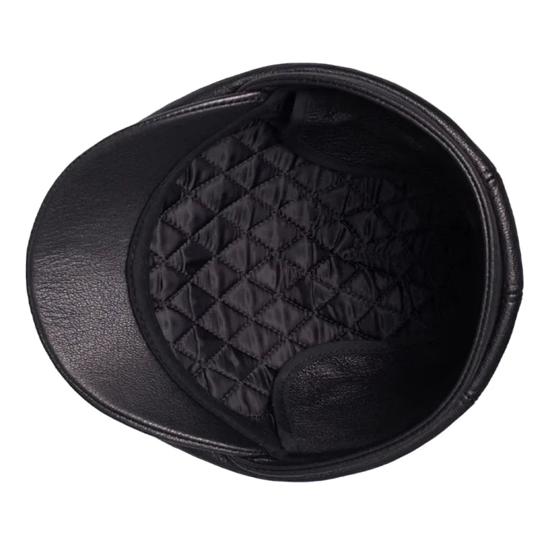 Atlanta Black Genuine Leather Earflaps Flat Cap