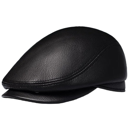 Atlanta Black Genuine Leather Earflaps Flat Cap