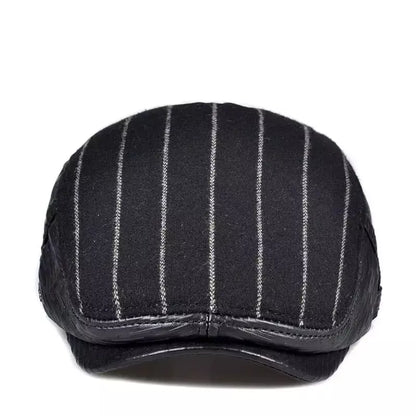 Berlin Striped Black Genuine Leather Flat Cap