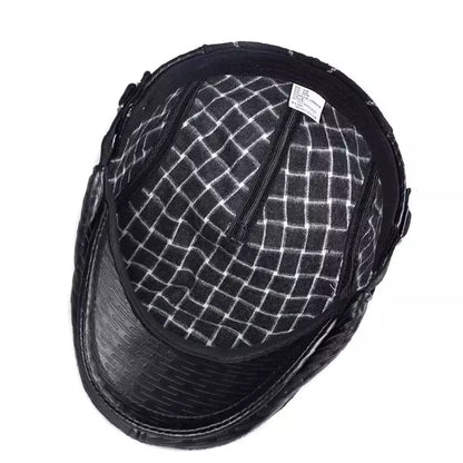 Berlin Striped Black Genuine Leather Flat Cap