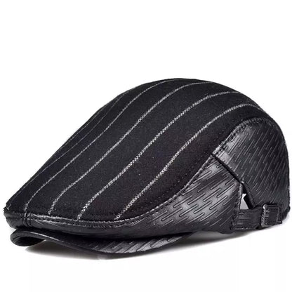 Berlin Striped Black Genuine Leather Flat Cap