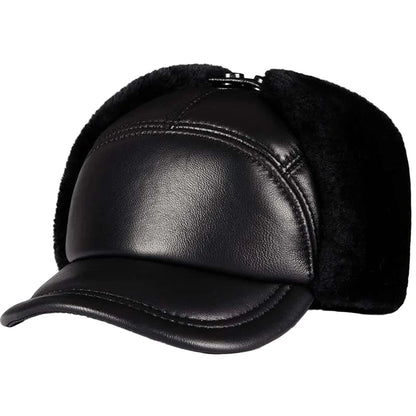Davison Black Genuine Leather Trapper Bomber Hat
