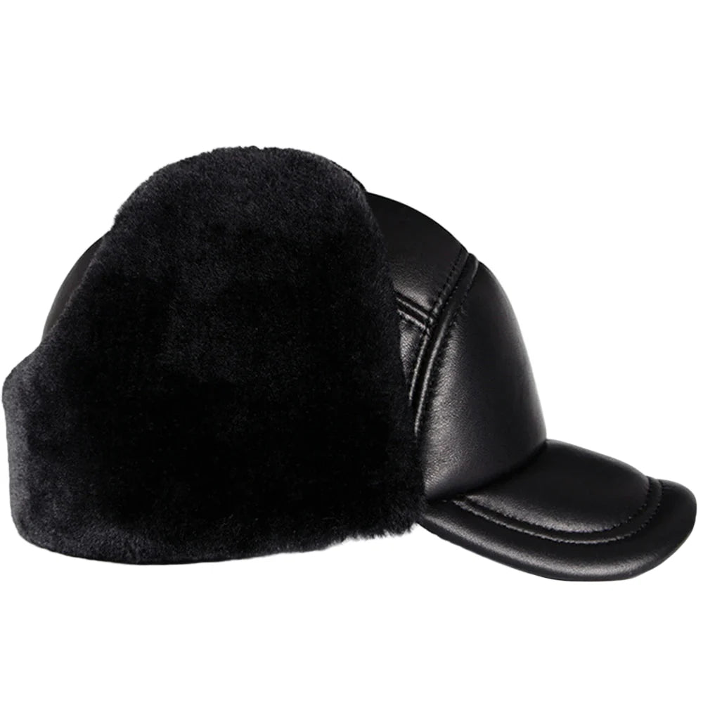Davison Black Genuine Leather Trapper Bomber Hat