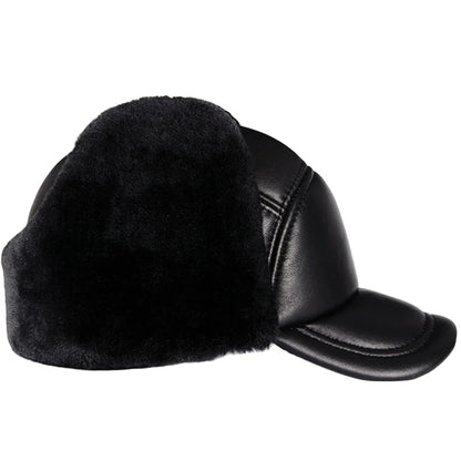 Davison Black Genuine Leather Trapper Bomber Hat
