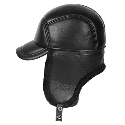 Davison Black Genuine Leather Trapper Bomber Hat