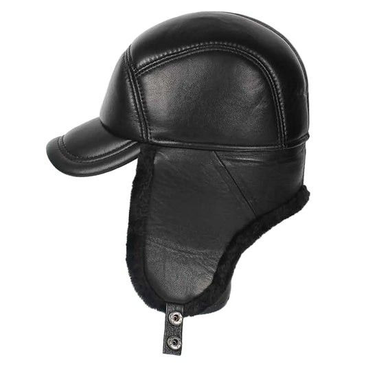 Davison Black Genuine Leather Trapper Bomber Hat