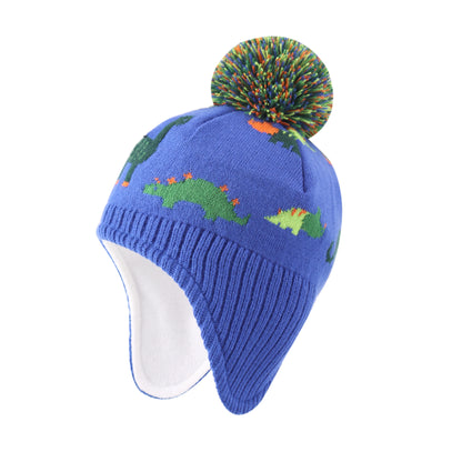 Dinosaurs Kids Winter Earflaps Pom Pom Beanie