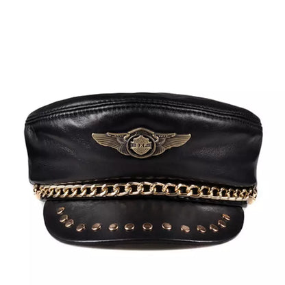 Golden Shield Black Genuine Leather Sailor Cap
