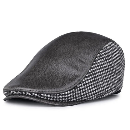JM Houndstooth Genuine Leather Duckbill Flat Cap