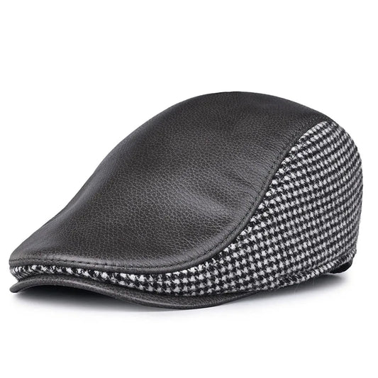 JM Houndstooth Genuine Leather Duckbill Flat Cap