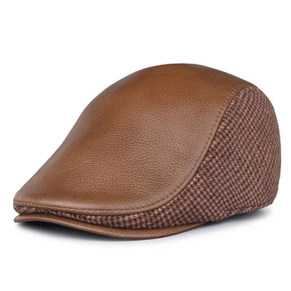 JM Houndstooth Genuine Leather Duckbill Flat Cap
