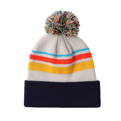 Jacquard Pompom Multicolor Striped Beanie
