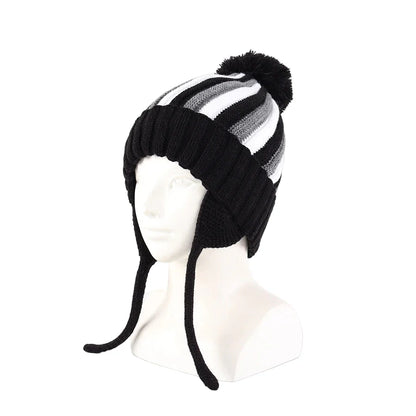 Kids Winter Striped Pom-Pom Earflap Beanie