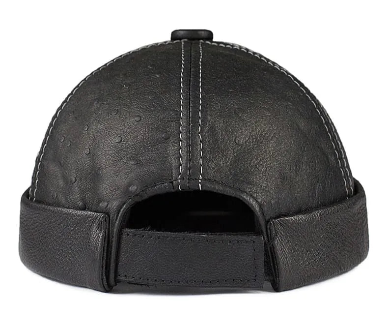 Knurled Black Genuine Leather Docker Cap