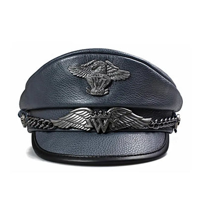 LWY Blue Genuine Leather Military Sailor Cap