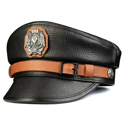 Orson Black Genuine Leather Military Cap