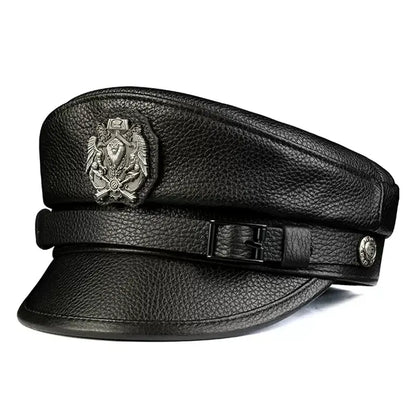 Orson Black Genuine Leather Military Cap