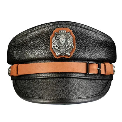 Orson Black Genuine Leather Military Cap