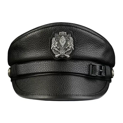Orson Black Genuine Leather Military Cap