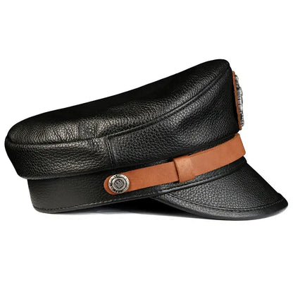 Orson Black Genuine Leather Military Cap