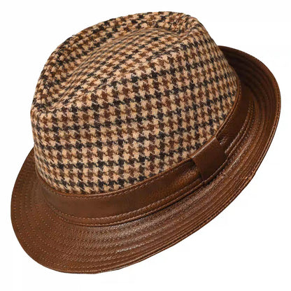 Salvatore Houndstooth Wool Genuine Leather Trilby Hat